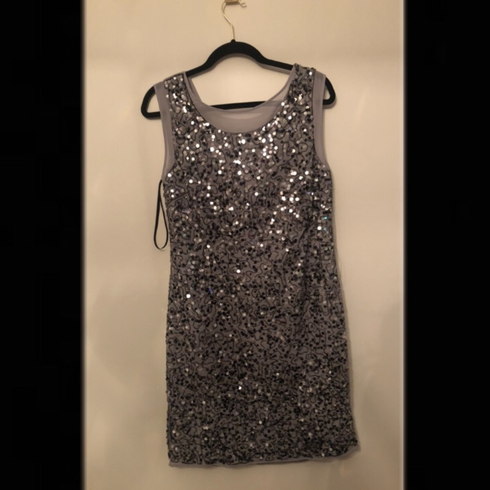 bedazzled grey and silver dress